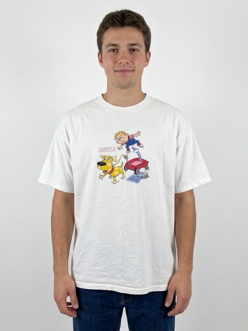 Vintage Ingenix E827 Animal Drawn Vehicle Accident Graphic T-Shirt Mens XL White